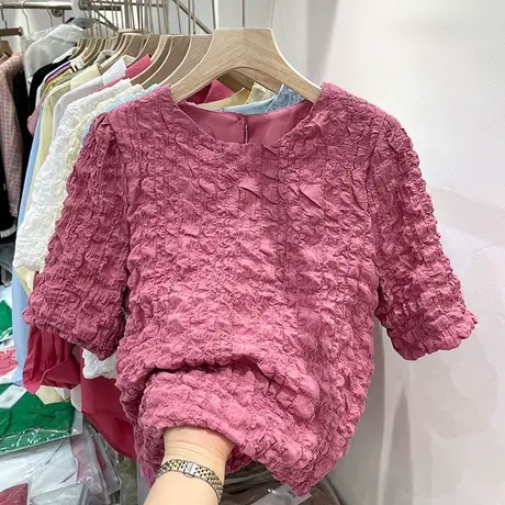 褶皱肌理感短袖T恤女2024夏季新款宽松设计感小众别致半袖上衣潮商品大图