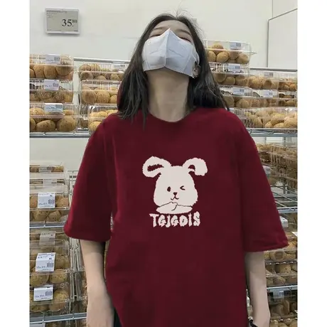 本命年小众红色显白纯棉t恤女胖mm大码显瘦短袖ins潮春夏百搭上衣商品大图