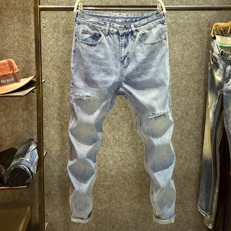 浅色九分牛仔裤男潮牌宽松直筒裤男生一字破洞潮ins高街百搭裤子商品大图