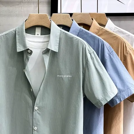 肌理暗纹衬衫男短袖日系潮牌宽松简约夏季纯棉半袖上衣服文艺衬衣商品大图