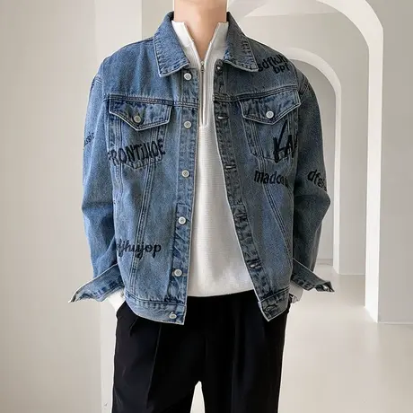 春秋男款夹克外套美式复古字母刺绣水洗牛仔夹克外套潮牌帅气上衣图片