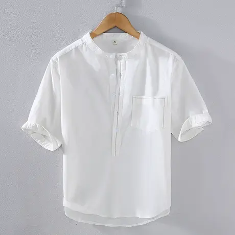 短袖立领衬衫男休闲复古宽松夏季薄款中年中国风棉麻男士大码衬衣商品大图