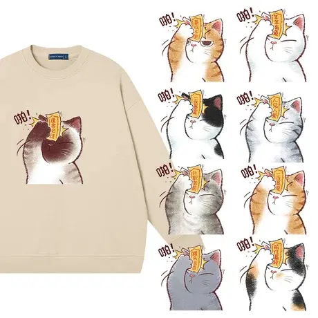 秀洛白领打工减肥暴富学生手绘猫卫衣男女圆领纯棉长袖小众上衣服商品大图