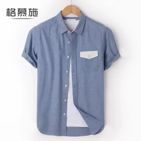 格慕施2023春夏纯棉男士短袖衬衫拼接潮流休闲蓝色大码衬衣潮图片
