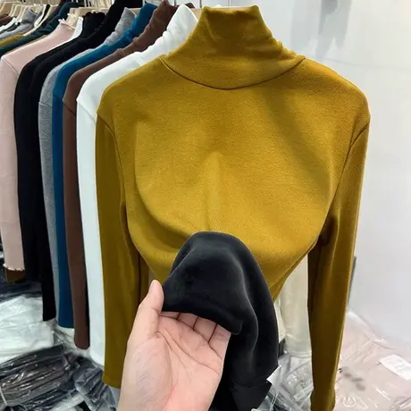 加绒加厚高领保暖长袖T恤女冬季内搭修身打底衫韩版纯色简约上衣图片