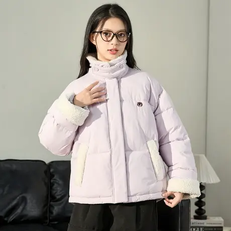 [草莓熊联名]唐狮棉衣外套女新短款棉服冬季仿羊羔毛棉袄时尚休闲图片