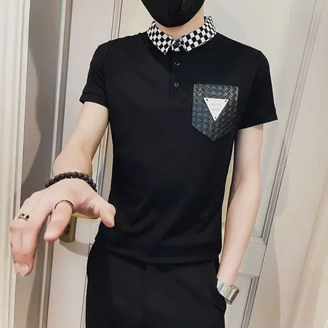 夏季男士polo衫t恤短袖修身翻领半袖潮流休闲格子领拼色紧身体恤图片