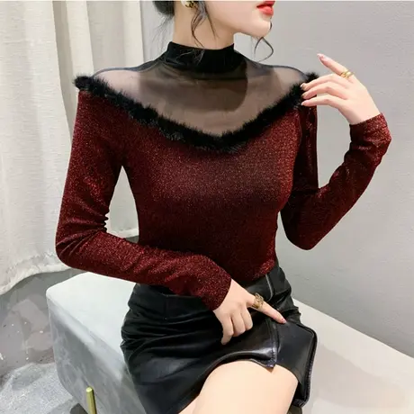 性感亮丝网纱拼接毛绒半高领洋气减龄内塔上衣女修身T恤打底衫潮商品大图