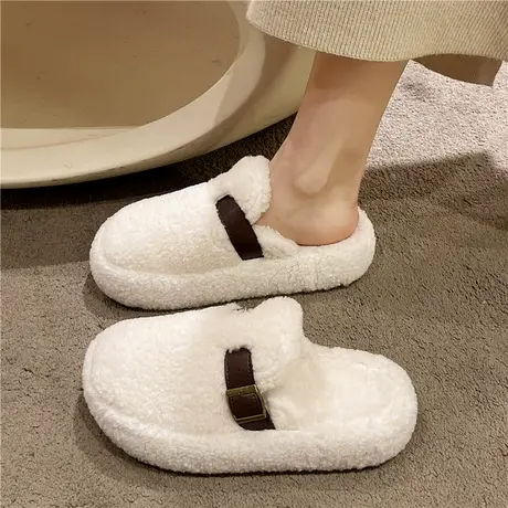 包头毛毛拖鞋女外穿2024新款秋冬厚底半拖懒人鞋小香欧货黑色棉拖图片