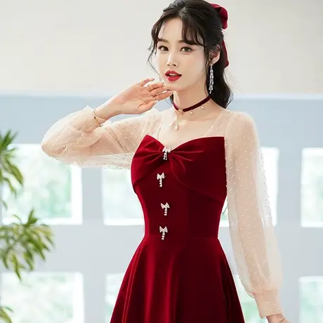 敬酒服新娘高级感小个子订婚礼服结婚回门便装连衣裙纱袖平时可穿图片