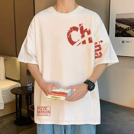 国潮短袖T恤男夏季港风纯棉潮牌ins重磅半袖2023新款男装宽松体恤商品大图