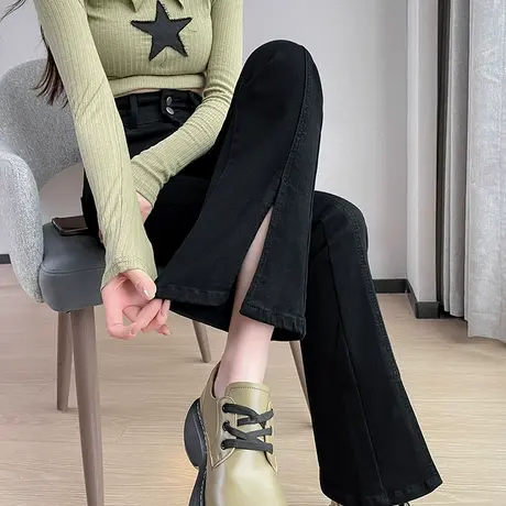 复古高腰开叉微喇牛仔裤女春秋季2024年新款显瘦拖地马蹄喇叭裤子商品大图