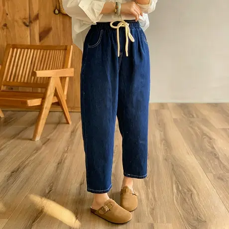 dza 高腰显瘦宽松直筒纯色牛仔裤子女2024早春休闲九分裤纯棉女裤商品大图