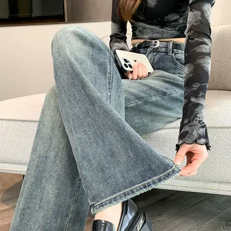 高腰阔腿牛仔裤女2024春秋新款宽松显瘦印花窄版复古直筒拖地裤子商品大图