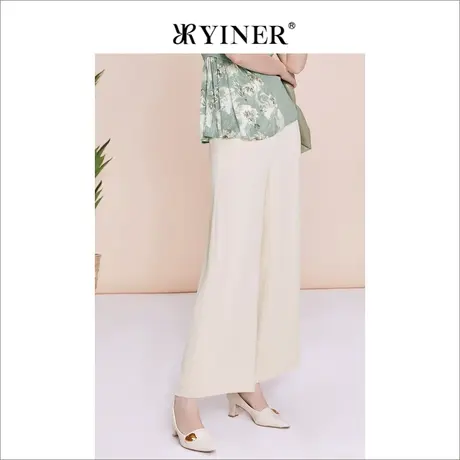YINER音儿女装夏季百搭通勤休闲裤米白色阔腿长裤商品大图