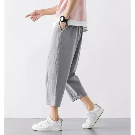 裤子男夏季薄款韩版潮流八分棉麻七分裤直筒宽松阔腿休闲九分裤CM商品大图