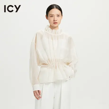 icy2023春季新款透视荷叶边高领褶皱落肩宽松套头衬衫上衣女图片