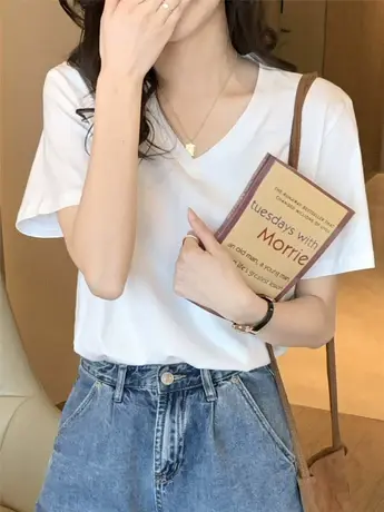 v领t恤女短袖白色宽松显瘦2024年夏季新款纯棉正肩鸡心领纯色上衣图片