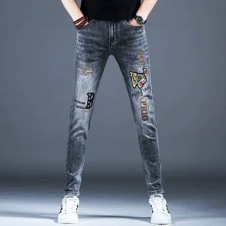 2024新款男士春季牛仔裤子男款时尚灰色修身刺绣百搭小脚美式高街图片