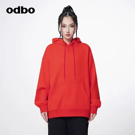 odbo/欧迪比欧休闲气质连帽红色卫衣女秋冬2023新款保暖外搭上衣图片