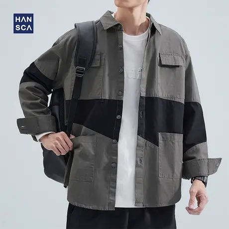 hansca衬衫长袖男秋季新款美式复古撞色拼接翻领潮牌工装衬衣外套商品大图