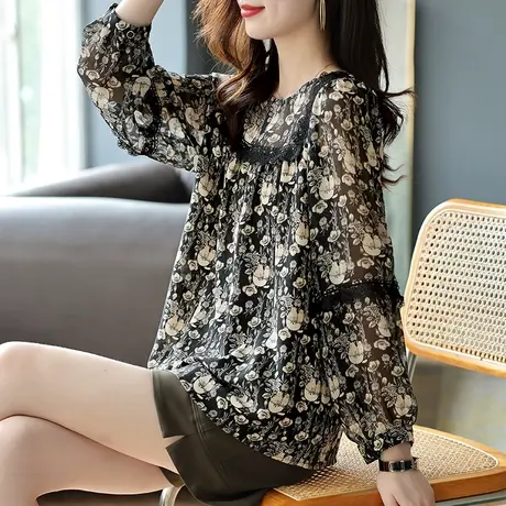 宝诗黎圆领蕾丝拼接雪纺衫长袖印花小衫女2024春季新款宽松薄上衣商品大图