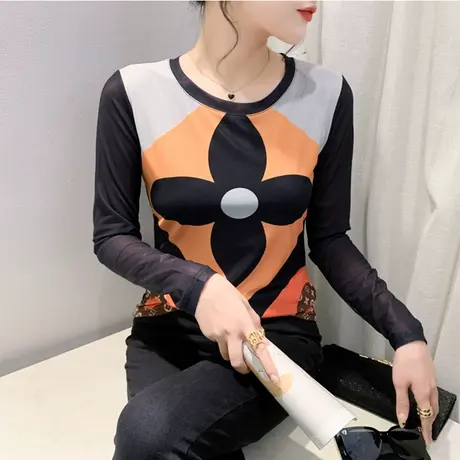 性感网纱打底衫女内搭欧货女装时尚扎染印花T恤长袖圆领修身上衣商品大图