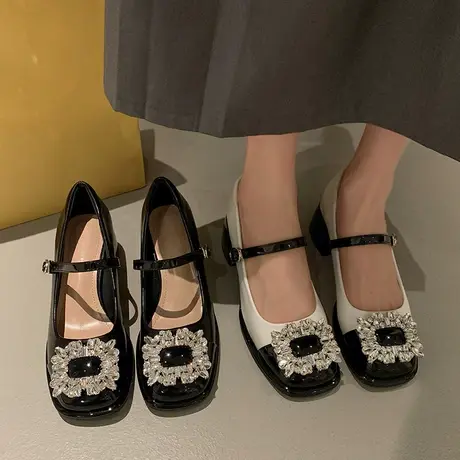 法式粗跟小皮鞋女2024年春夏季新款时尚水钻浅口单鞋百搭玛丽珍鞋商品大图