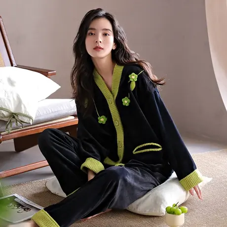 婷美睡衣女冬季法兰绒加厚加绒2023年新款睡衣家居服秋冬季套装女商品大图