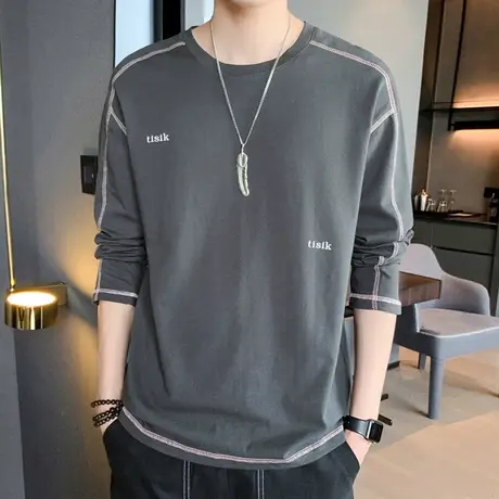 男士长袖t恤棉感春秋季薄款打底衫潮流宽松秋衣圆领体恤秋装上衣商品大图