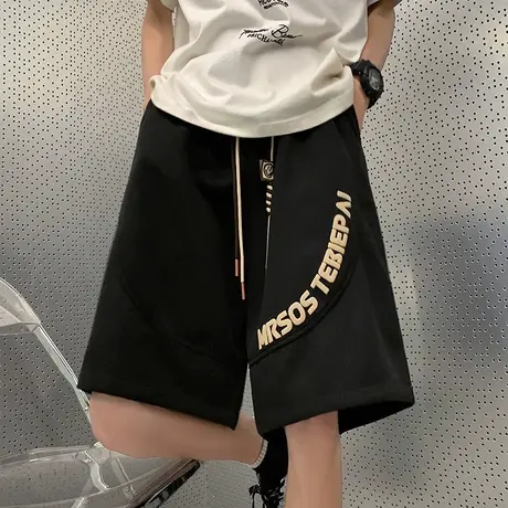 发泡复古抽绳短裤男夏季薄款潮流宽松大裤衩美式休闲运动五分裤子商品大图