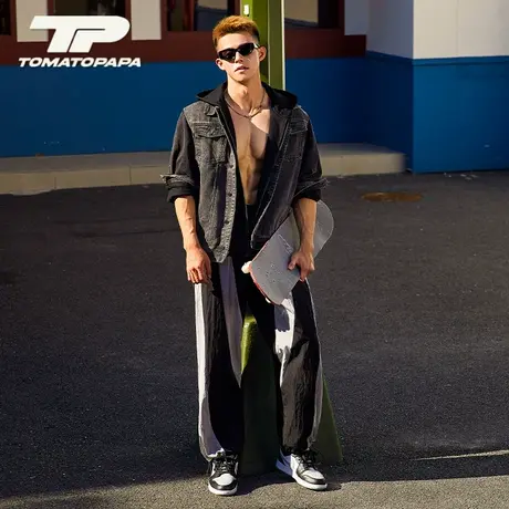 TOMATOPAPA两件套牛仔卫衣无袖马甲外套重磅高街潮流夹克拼接卫衣商品大图