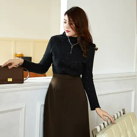 加厚加绒打底衫大码女装2023秋装新款宽松遮肉半高领上衣胖mm显瘦商品大图