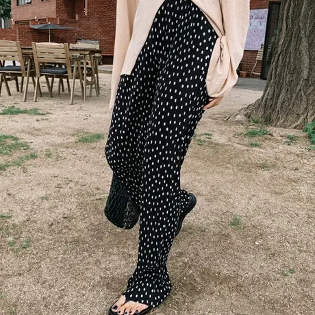 夏装新款波点松紧半身长裤女韩版宽松大码阔腿休闲圆点压皱显瘦裤图片