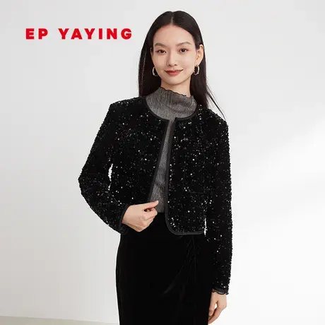 EP YAYING雅莹女装 小香风亮片丝绒针织外套 2023秋冬新款1205A商品大图