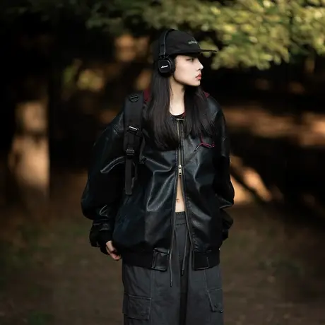 复古连帽棒球服女外套春秋款2023年新款街头潮牌皮衣宽松PU皮夹克商品大图