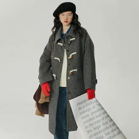 omont蛋挞家 牛角扣羊毛大衣女冬季2023新款宽松中长款毛呢外套商品大图