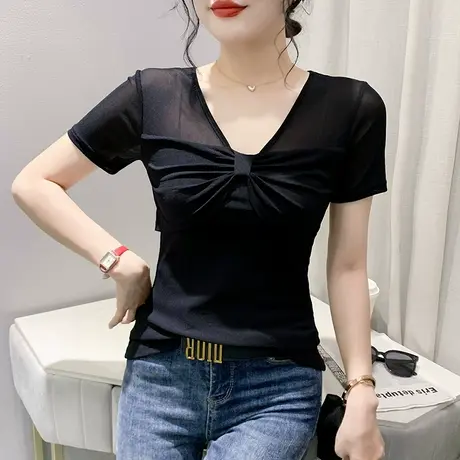2023夏装新款性感V领网纱T恤女短袖复古设计感小衫百搭修身上衣潮商品大图