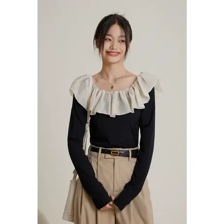 弥古黑色一字肩露肩上衣高级感长袖针织t恤女秋荷叶边显瘦打底衫商品大图