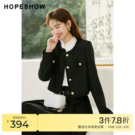 红袖outlets香风丝绒花边外套hopeshow2023春季新款女装圆领上衣商品大图