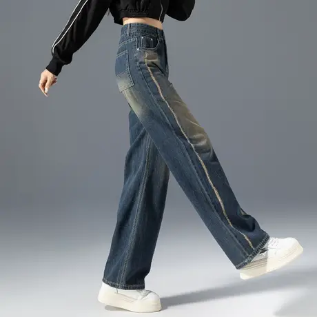 美式破洞牛仔裤女2023新款高腰阔腿裤春秋女裤秋季裤子显瘦直筒裤商品大图