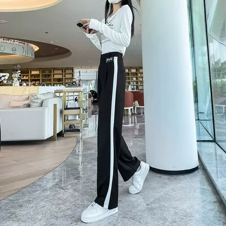 阔腿运动裤女2023年春秋新款高腰垂感直筒宽松显瘦拼色休闲拖地裤图片