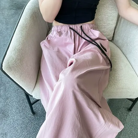粉色工装阔腿裤女秋新款高腰速干宽松显瘦高街小众休闲两穿束脚裤图片