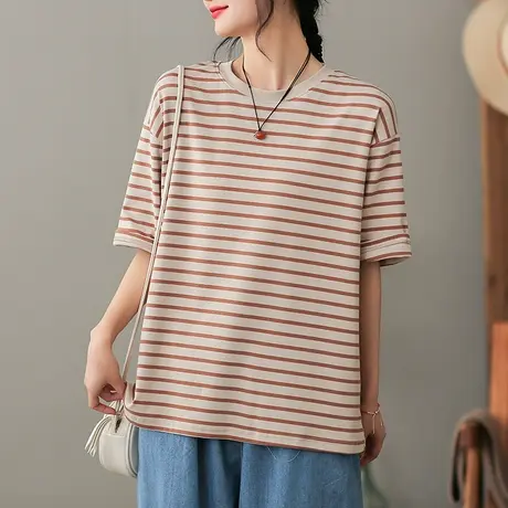 dza休闲圆领条纹短袖t恤女士2023春夏新款宽松打底衫内搭显瘦上衣商品大图