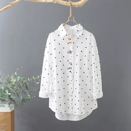 中长款圆点白衬衫女2023年春季新款文艺花边长袖打底衫休闲上衣商品大图