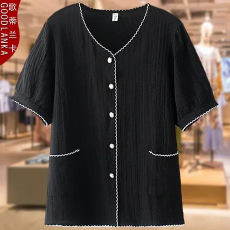 大码上衣女夏200斤宽松遮肉时尚洋气中年胖妈妈装泡泡棉短袖小衫商品大图