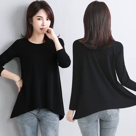 黑色中长款打底衫女长袖春季外穿内搭不规则下摆洋气宽松大码t恤图片