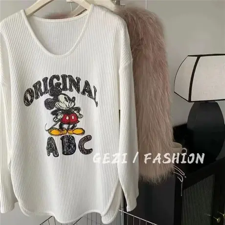 韩国坑条纹卡通印花套头圆领宽松百搭开衩长袖T恤减龄百搭上衣女图片