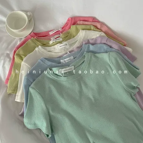 美式甜酷辣妹短款露脐上衣纯色设计感小众圆领螺纹短袖t恤女夏装商品大图