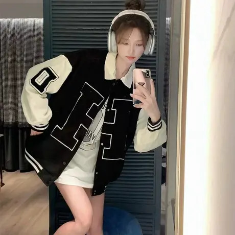 刺绣字母棒球服女外套2022新款早秋宽松美式复古港风chic夹克上衣图片